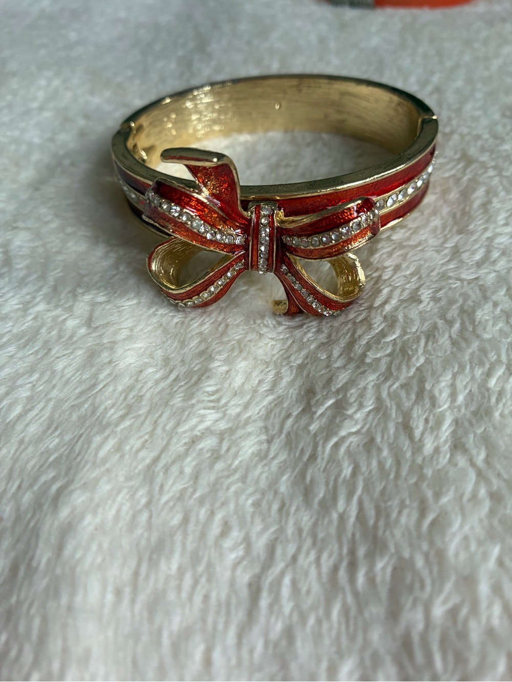 Gold-Tone Red Bow Bangle Bracelet with Crystal Accents